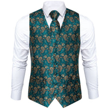 Men's Classic Teal Blue Paisley Jacquard Silk Waistcoat Vest Handkerchief Cufflinks Tie Vest Suit Set (4619711578193)