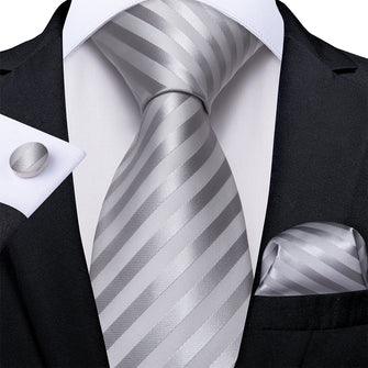 Grey White Striped Men's Tie Pocket Square Cufflinks Set