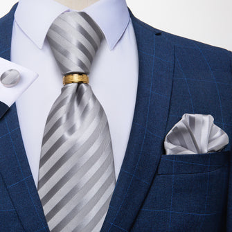 4PCS Grey White Striped Silk Men's Tie Pocket Square Cufflinks with Tie Ring Set