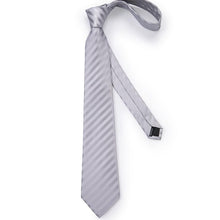 Grey Striped Men's Tie Handkerchief Cufflinks Clip Set (4465640439889)