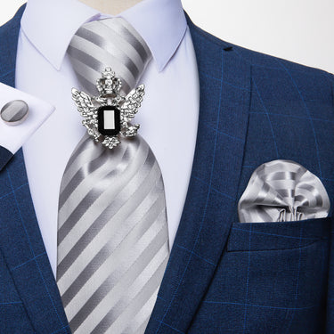 4PCS Silver Striped Tie Pocket Square Cufflinks With Crystal Ring Set