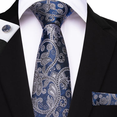 Novelty Blue Grey floral Tie Handkerchief Cufflinks Set (1813780299818)