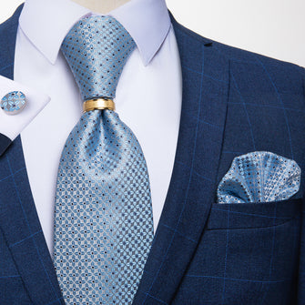Blue Plaid Silk Tie Pocket Square Cufflinks with Tie Ring 