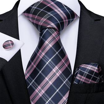 Men's Pink Blue Plaid Tie Handkerchief Cufflinks Set (1821931569194)