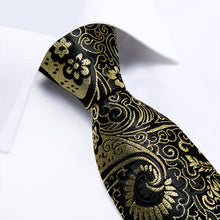 Black Golden Floral 100% Silk Mens Tie Set Business Formal Necktie Handkerchief Cufflinks Tie Clip Set For Men  (4690574835793)