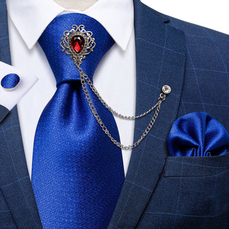 Novelty Blue Silk Men's Necktie Handkerchief Cufflinks Set With GEM Lapel Pin Brooch Set