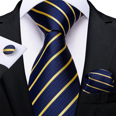 Blue Golden Striped Tie Handkerchief Cufflinks Set (1725457629226)