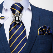 4PCS Blue Yellow Striped Tie Pocket Square Cufflinks With Crystal Ring Set