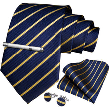 Blue Yellow Striped Men's Tie Handkerchief Cufflinks Clip Set (4690580635729)