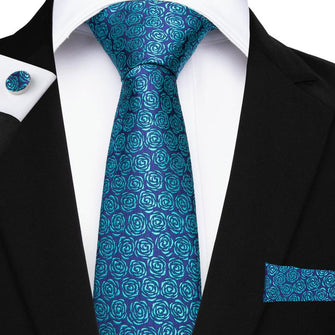 Blue Cyan Floral Men's Tie Pocket Square Cufflinks Set (1930991108138)