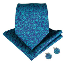 Blue Cyan Floral Men's Tie Pocket Square Cufflinks Set (1930991108138)