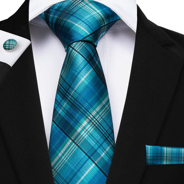 Pale Blue Plaid Men's Tie Handkerchief Cufflinks Set (1931645452330)