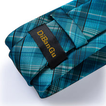 Teal Plaid Men's Tie Handkerchief Cufflinks Clip Set (4690585583697)