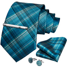 Teal Plaid Men's Tie Handkerchief Cufflinks Clip Set (4690585583697)