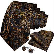 Beautiful Black Golden Paisley Tie Pocket Square Cufflinks Set