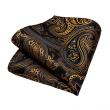 Beautiful Black Golden Paisley Tie Pocket Square Cufflinks Set (1821966467114)