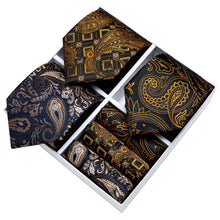 3PCS Gift Necktie Set Black Golden Silk Paisley Tie Handkerchief Cufflinks Box Set