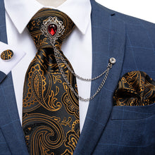 Black Golden Paisley Silk Men's Necktie Handkerchief Cufflinks Set With GEM Lapel Pin Brooch Set