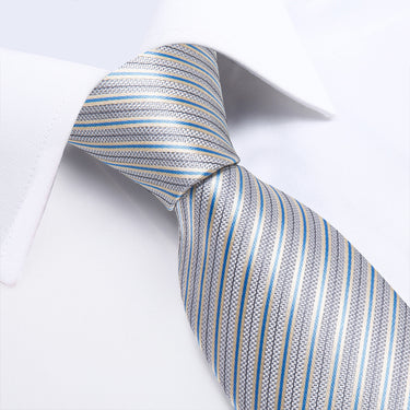 Blue Grey Striped Men's Tie Handkerchief Cufflinks Set (1931657707562)