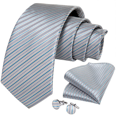 Blue Grey Striped Men's Tie Handkerchief Cufflinks Set (1931657707562)