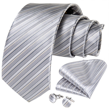 Yellow Grey Striped Men's Tie Handkerchief Cufflinks Set (1931658493994)