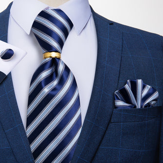 Blue Striped Silk Men's Tie Ring Handkerchief Cufflinks Set