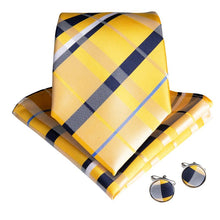 Yellow Blue Plaid Men's Tie Handkerchief Cufflinks Set (1931664687146)