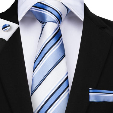White Blue Striped Men's Tie Handkerchief Cufflinks Set (1931665506346)