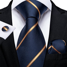 Blue Orange Striped Men's Tie Handkerchief Cufflinks Set (1932166889514)
