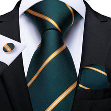 Silk Mens Orange Striped green suit tie Handkerchief Cufflinks Set