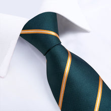 Deep green orange striped mens silk tie pocket square cufflinks set