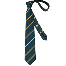 Deep green orange striped mens silk tie pocket square cufflinks set