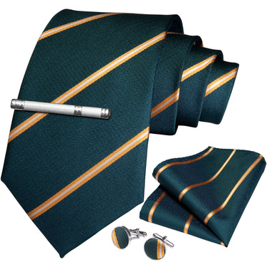 Green Yellow Striped Men's Tie Handkerchief Cufflinks Clip Set (4690586828881)