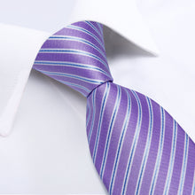 Purple White Striped Men's Tie Handkerchief Cufflinks Set