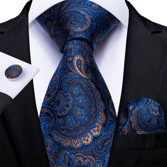 Blue Brown Paisley Men's Tie Handkerchief Cufflinks Set (1932197855274)