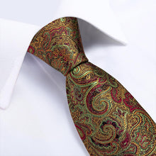 Green Red Paisley  Men's Necktie Handkerchief Cufflinks Set With Lapel Pin Brooch Set