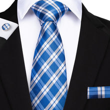 White Blue Plaid Men's Tie Handkerchief Cufflinks Set (1932377915434)