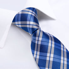 White Blue Plaid Men's Tie Handkerchief Cufflinks Set (1932377915434)
