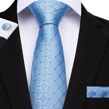 Light Blue Plaid Men's Tie Handkerchief Cufflinks Set (1932379684906)