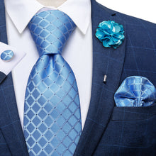 Light Blue Plaid Men's Necktie Handkerchief Cufflinks Set With Lapel Pin Brooch Set