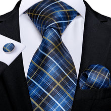 Blue Black Yellow Plaid Men's Tie Handkerchief Cufflinks Set (1932383682602)