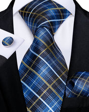 Blue Black Yellow Plaid Men's Tie Handkerchief Cufflinks Set (1932383682602)