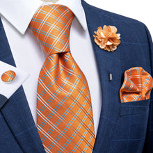 Plaid Men's orange silk tie Handkerchief Cufflinks Set With Lapel Pin Brooch Set