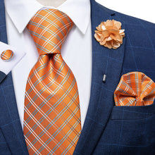 Orange Plaid Silk Men's Necktie Handkerchief Cufflinks Set With Lapel Pin Brooch Set (4666042646609)