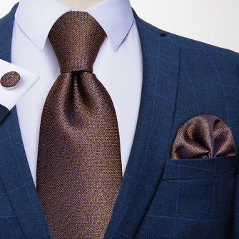 Brown Solid Men's Tie Handkerchief Cufflinks Set (1932387450922)