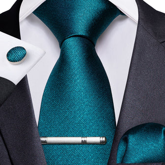 Teal Solid Men's Tie Handkerchief Cufflinks Clip Set (4297626714193)