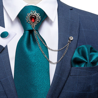 Teal Solid Tie Men's Silk Necktie Handkerchief Cufflinks Set With GEM Lapel Pin Brooch Set