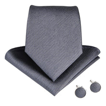 Silver Gray Solid Men's Necktie Handkerchief Cufflinks Set With Lapel Pin Brooch Set