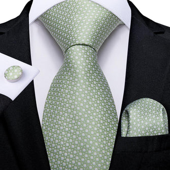 Polka Dot light green tie pocket square cufflinks set for suit jacket