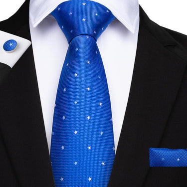 Blue White Star Novelty Men's Tie Handkerchief Cufflinks Set (1932426313770)